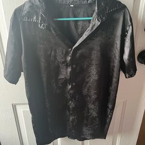 Black Satin Floral Button-Up Shirt